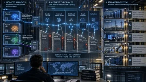 Infographic showing AI agents moving through security thresholds toward real-world systems with layered controls, monitoring, and restrictions.