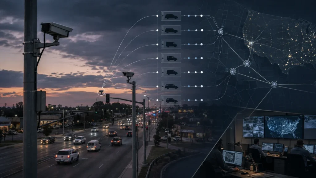 Traffic on a city street beside surveillance cameras, with an overlaid network map and vehicle-tracking icons.