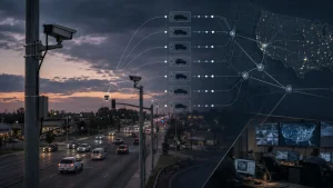 Traffic on a city street beside surveillance cameras, with an overlaid network map and vehicle-tracking icons.
