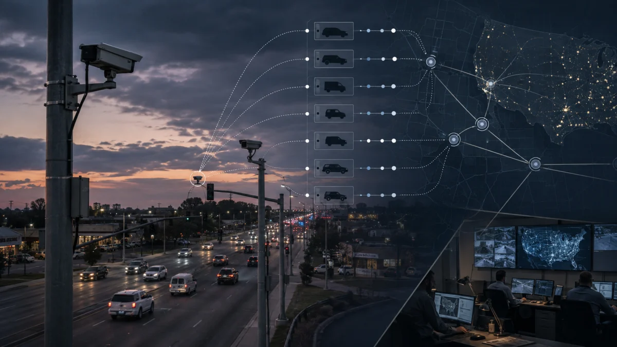 Traffic on a city street beside surveillance cameras, with an overlaid network map and vehicle-tracking icons.
