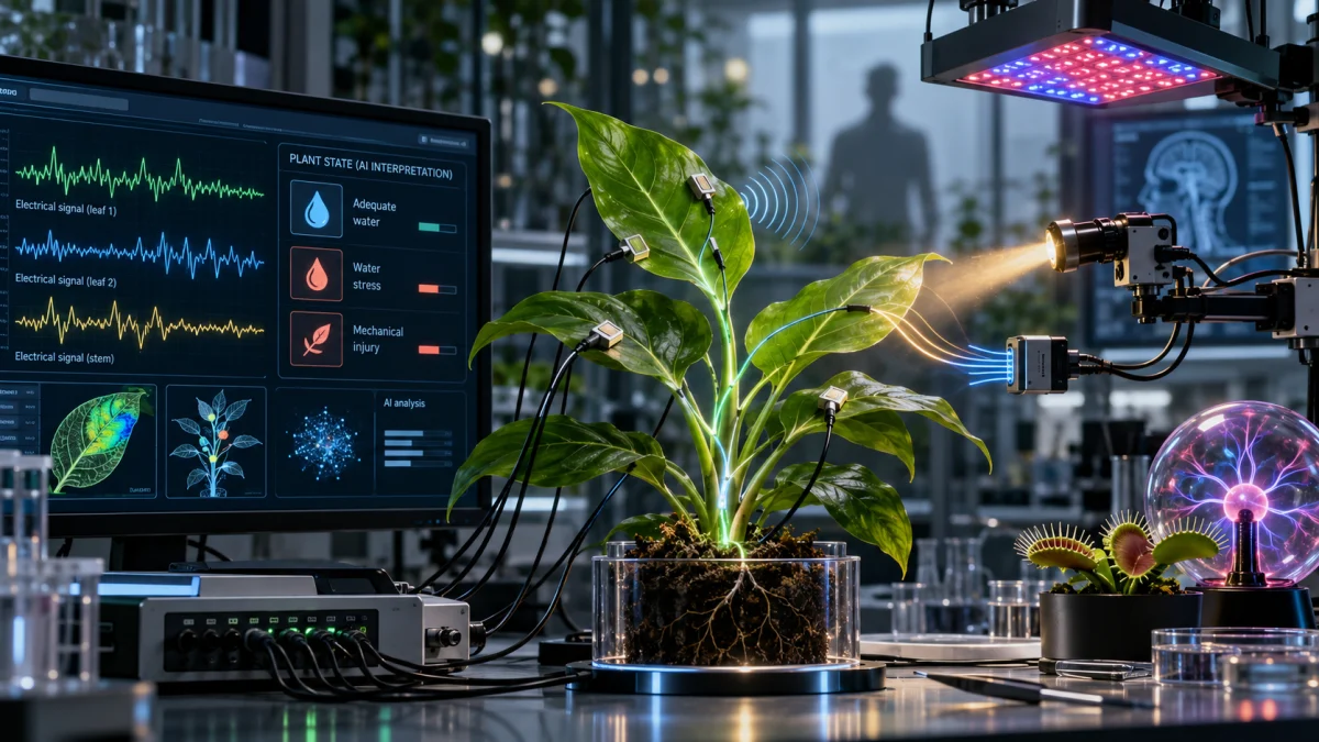 A potted plant with sensors is connected to a lab setup and AI display showing electrical signals and plant state analysis.