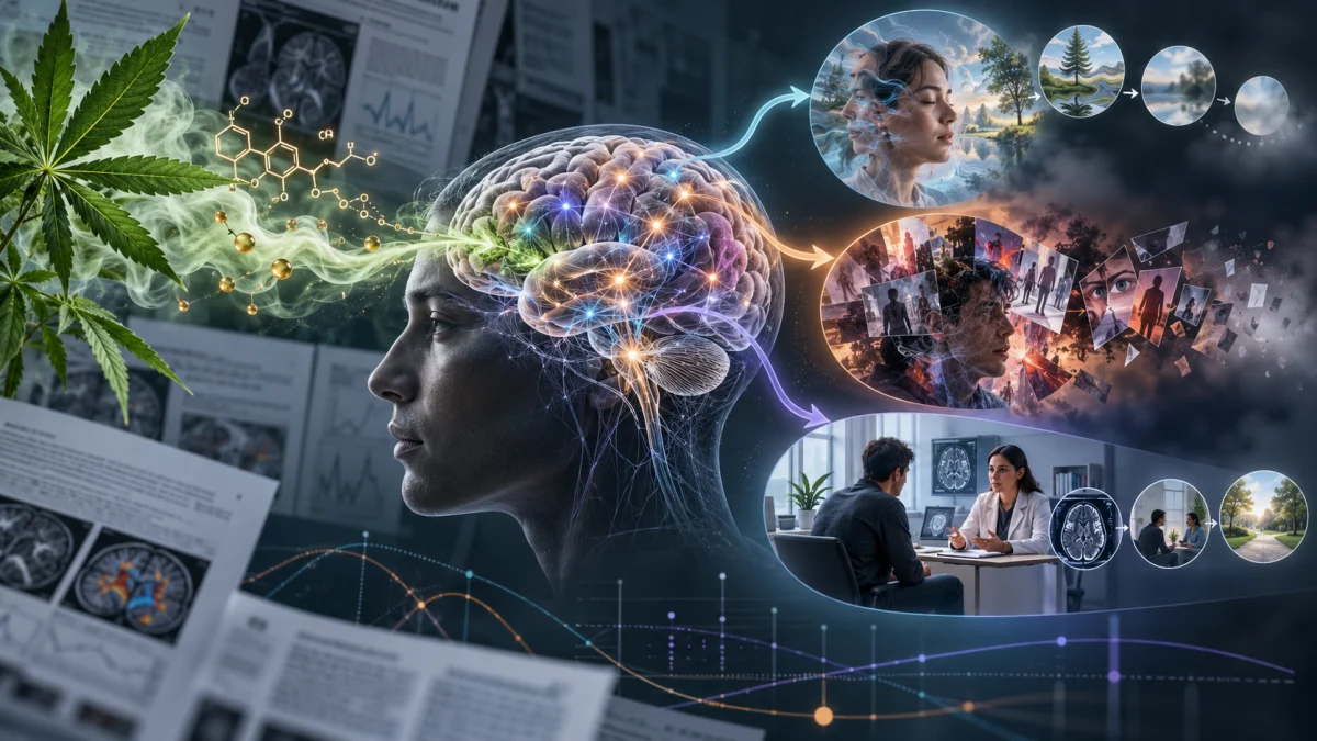 Illustration of a cannabis leaf and smoke affecting a human brain, with scenes suggesting hallucinations, mental health symptoms, and a doctor consultation.