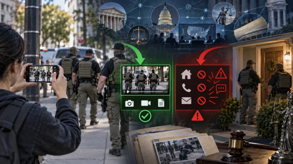 Composite image showing a person filming federal agents on a city street, with legal and privacy warning graphics about filming, posting, and doxxing.