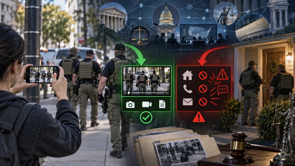 Composite image showing a person filming federal agents on a city street, with legal and privacy warning graphics about filming, posting, and doxxing.