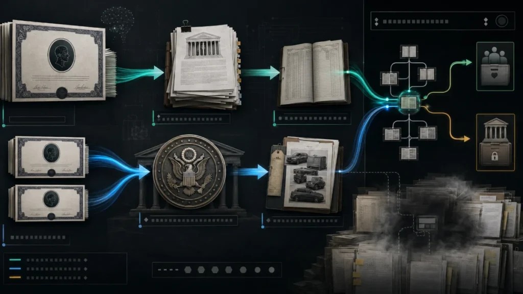 An infographic shows money flowing from stock certificates through court and government records into various destinations, with a stack of documents and smoke at the end.