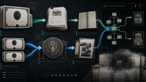 An infographic shows money flowing from stock certificates through court and government records into various destinations, with a stack of documents and smoke at the end.