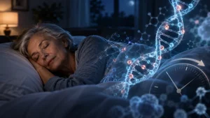 An older woman sleeps in bed beside a glowing DNA helix and clock graphic, suggesting a link between insomnia and biological aging.