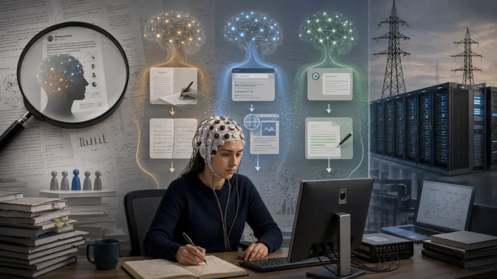 Woman wearing an EEG cap studies and writes at a desk beside a computer, with brain graphics, research documents, and data center imagery in the background.