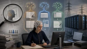 Woman wearing an EEG cap studies and writes at a desk beside a computer, with brain graphics, research documents, and data center imagery in the background.