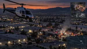 A news helicopter flies over a smoke-filled emergency scene in Chatsworth at dusk, with fire trucks and responders on the ground and inset live-feed graphics.