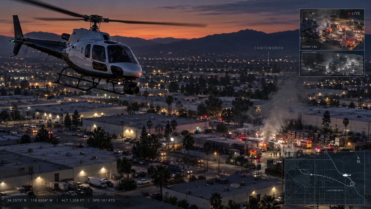A news helicopter flies over a smoke-filled emergency scene in Chatsworth at dusk, with fire trucks and responders on the ground and inset live-feed graphics.