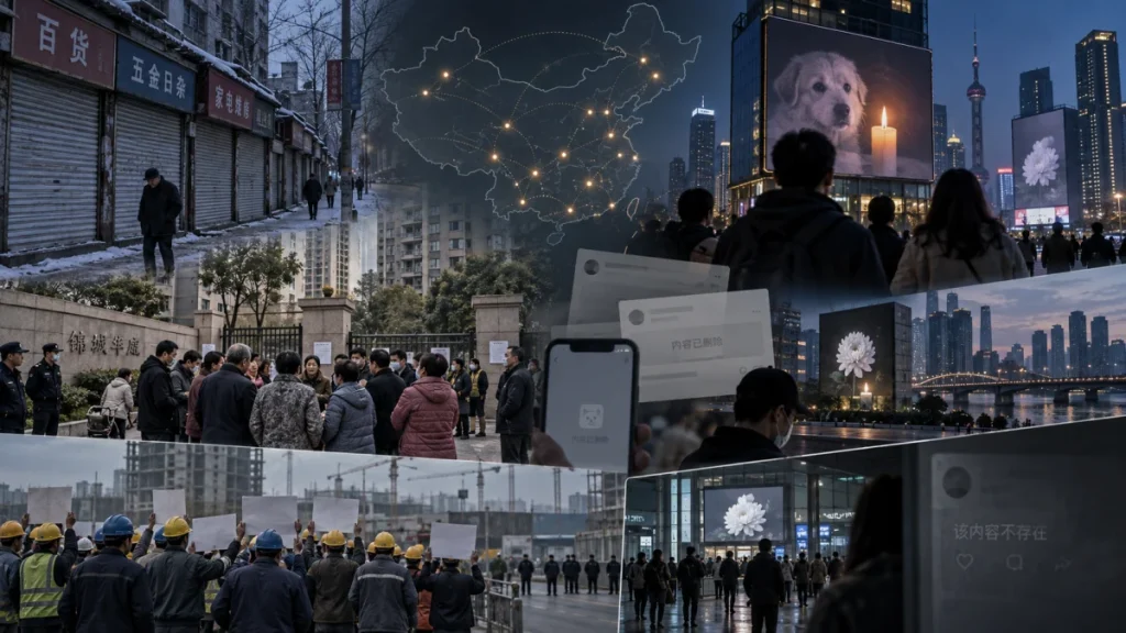 A collage showing Chinese street scenes, crowds, police, construction workers, city skylines, and social media censorship imagery at night.