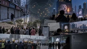 A collage showing Chinese street scenes, crowds, police, construction workers, city skylines, and social media censorship imagery at night.