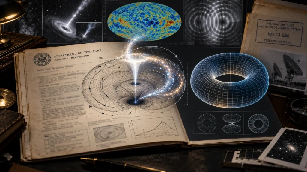 An open research memo with torus and cosmic diagram illustrations, surrounded by archive folders and astronomy imagery.