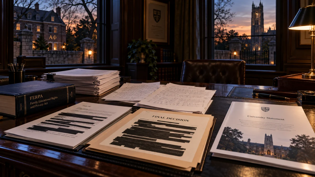 Desk with legal documents, a FERPA law book, and Cornell University papers in a dimly lit office overlooking campus at sunset.