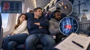 Passengers seated tightly in an airplane cabin with legal and medical graphics, including a spine injury image, a court scale, and a flight attendant call-button detail.