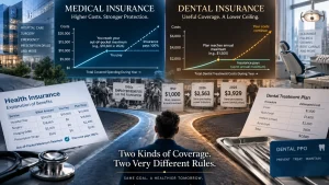 Comparison graphic showing medical insurance versus dental insurance, highlighting dental annual maximums around $1,500 and rising treatment costs.