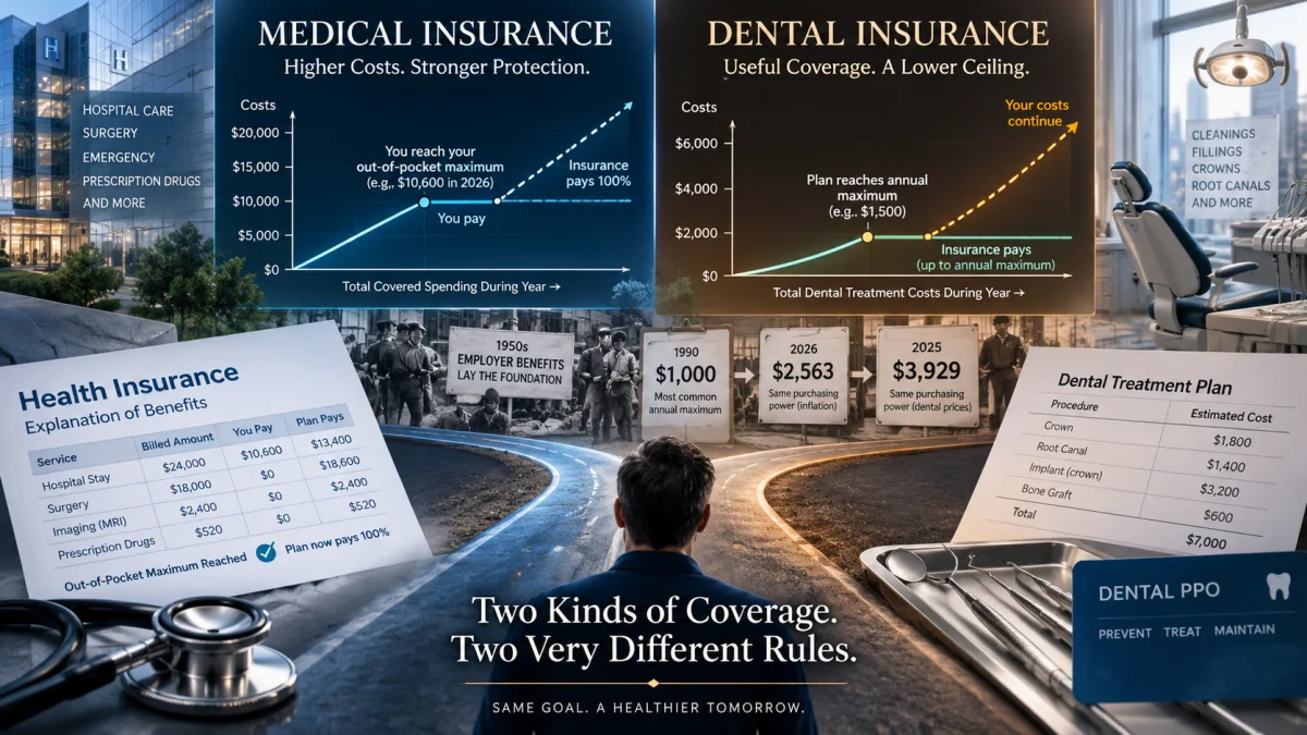 Comparison graphic showing medical insurance versus dental insurance, highlighting dental annual maximums around $1,500 and rising treatment costs.