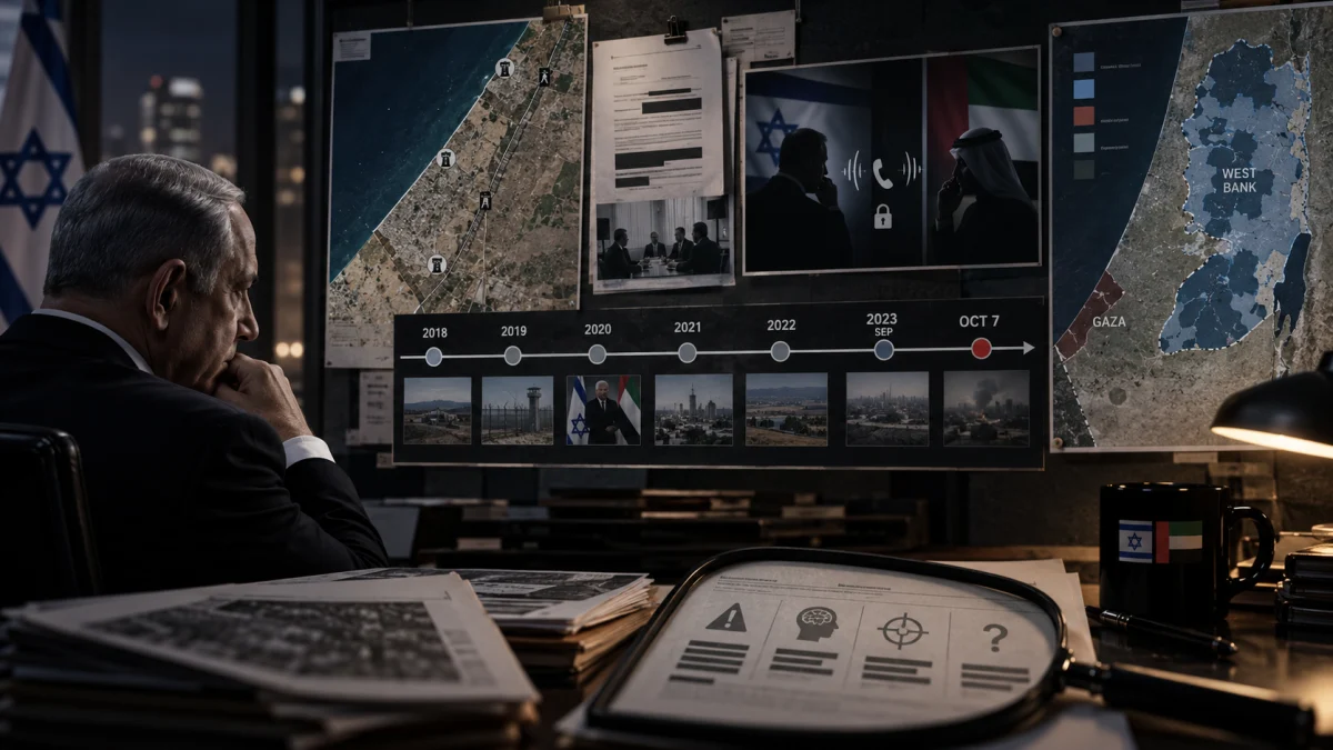 Benjamin Netanyahu sits in a dim office facing a wall of maps, timelines, and intelligence documents about Gaza and the West Bank.