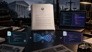 Legal documents and a laptop displaying code on a desk, with AI and copyright graphics overlaid, suggesting a courtroom technology dispute.