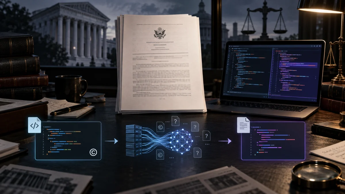 Legal documents and a laptop displaying code on a desk, with AI and copyright graphics overlaid, suggesting a courtroom technology dispute.