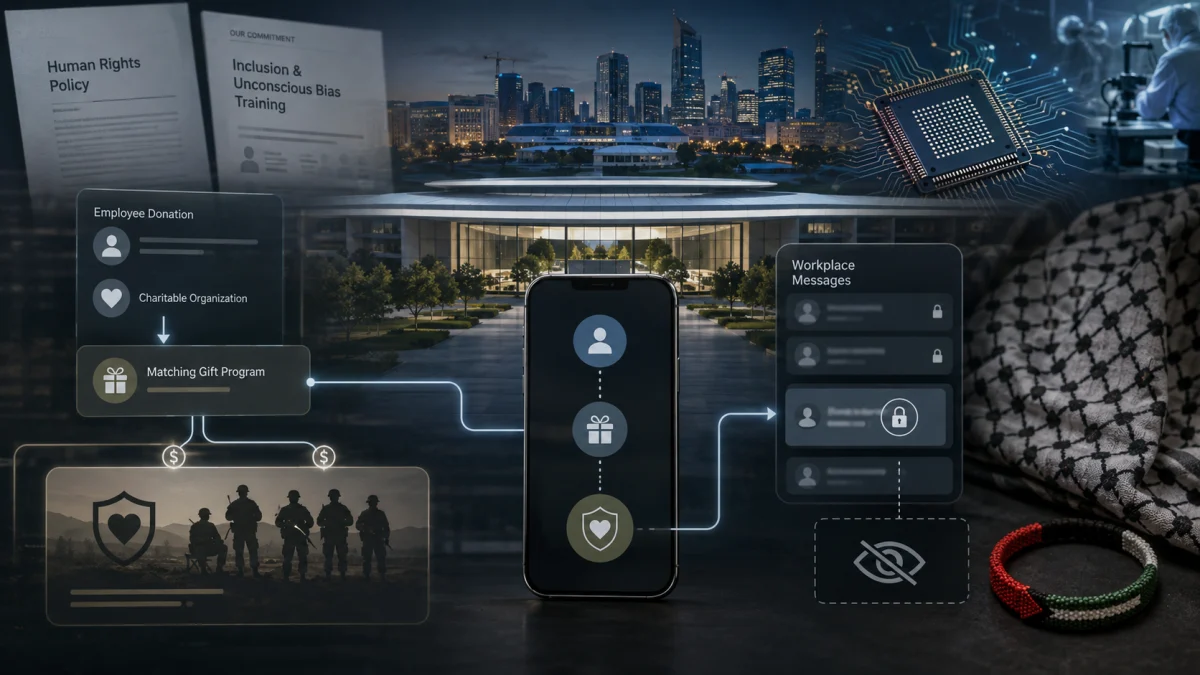 Composite illustration showing Apple policy documents, a corporate campus, a smartphone, workplace messages, donation flow icons, and an IDF soldier silhouette.