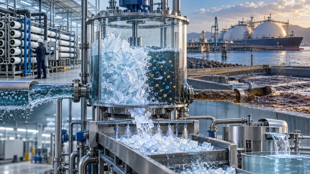 Industrial desalination facility with a freezing chamber turning seawater into ice, set beside a coastal port and tanks.