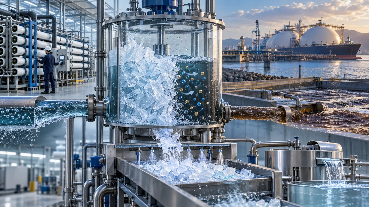 Industrial desalination facility with a freezing chamber turning seawater into ice, set beside a coastal port and tanks.