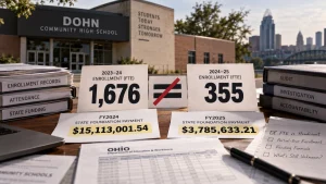 Graphic showing Dohn Community High School enrollment dropping from 1,676 in 2023-24 to 355 in 2024-25, alongside state funding figures and audit documents.