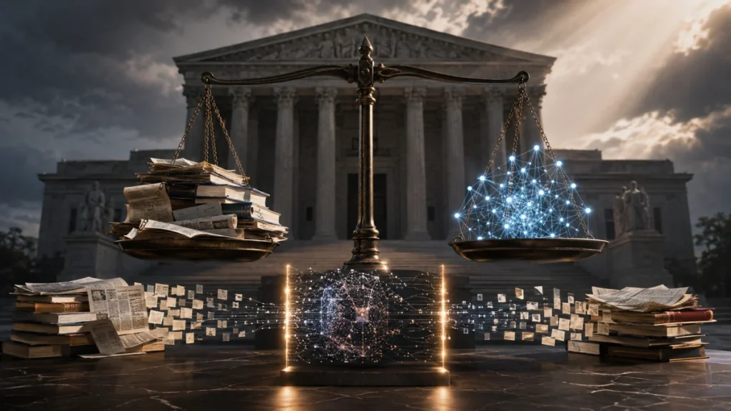 A legal scales graphic shows stacks of books and documents balancing against a glowing AI network in front of a courthouse.