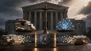 A legal scales graphic shows stacks of books and documents balancing against a glowing AI network in front of a courthouse.