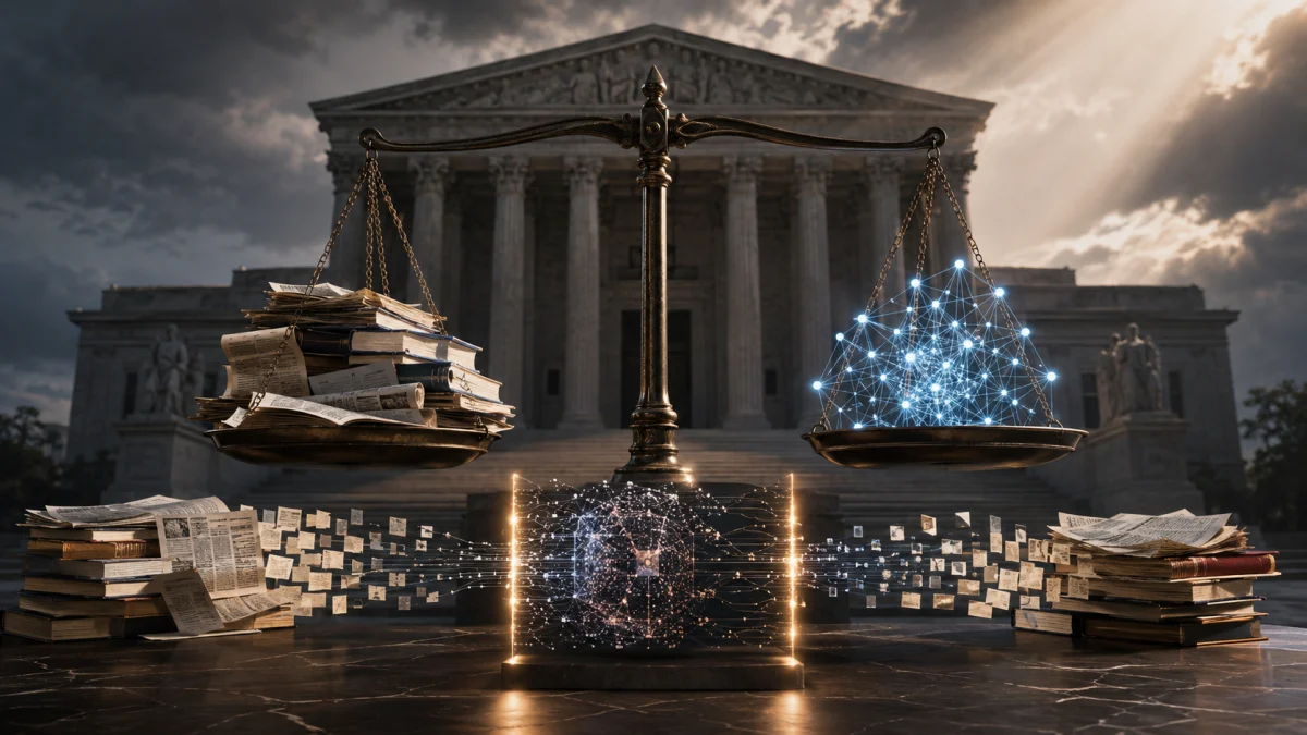 A legal scales graphic shows stacks of books and documents balancing against a glowing AI network in front of a courthouse.