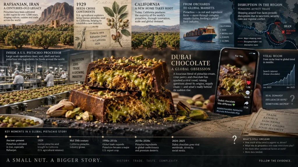 Infographic showing the pistachio supply chain from Iran and California to Dubai chocolate, with images of orchards, processing, shipping, and a viral dessert. The center features stacked chocolate bars filled with pistachio cream and shredded pastry.
