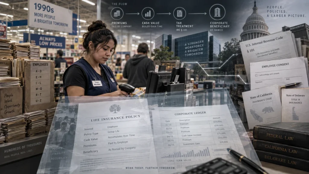 Composite image of a Walmart-like retail employee at a checkout counter surrounded by documents, charts, and legal references about employer-owned life insurance and tax rules.