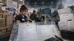 Composite image of a Walmart-like retail employee at a checkout counter surrounded by documents, charts, and legal references about employer-owned life insurance and tax rules.