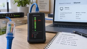 Ethernet cable tester beside a laptop showing a 100 Mbps link speed, with a CAT6 cable and troubleshooting notes on a desk.