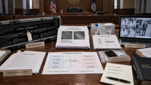 Evidence files, surveillance images, DNA reports, and a firearm displayed on a courtroom table with a laptop showing surveillance footage.
