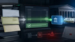 Illustration of fake tax payment documents flowing through a computer system toward an IRS payment icon, with cash and government building imagery in the background.