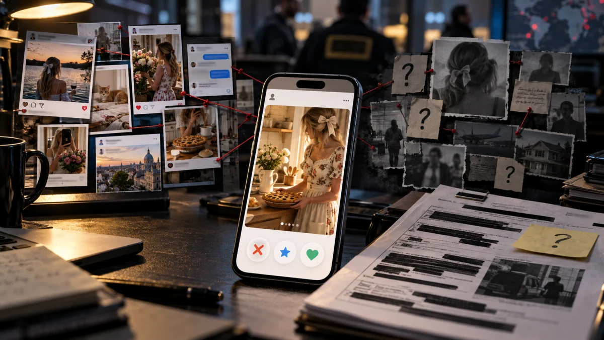A phone showing a tradwife-style profile is surrounded by pinned social media images, documents, and question marks on a desk.