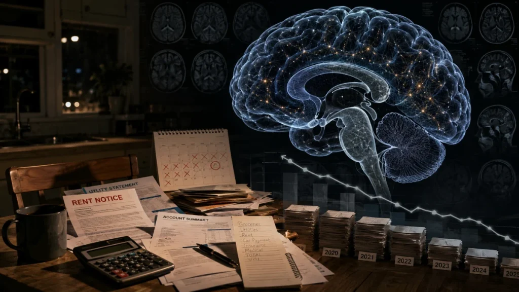 A desk covered with rent notices, bills, a calculator, and stacked money beside a glowing brain graphic and declining chart.