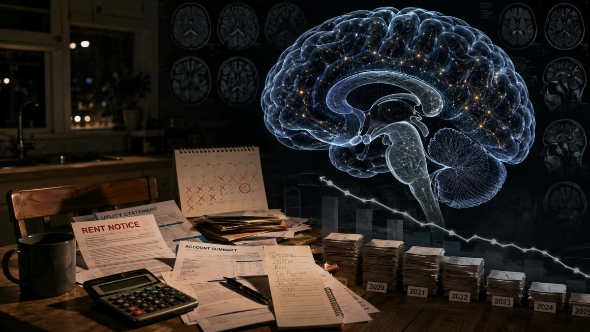 A desk covered with rent notices, bills, a calculator, and stacked money beside a glowing brain graphic and declining chart.