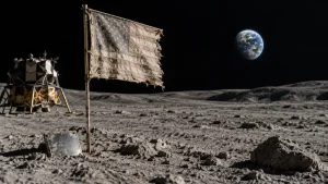 A tattered American flag stands on the lunar surface near a Moon lander, with Earth visible in the black sky.