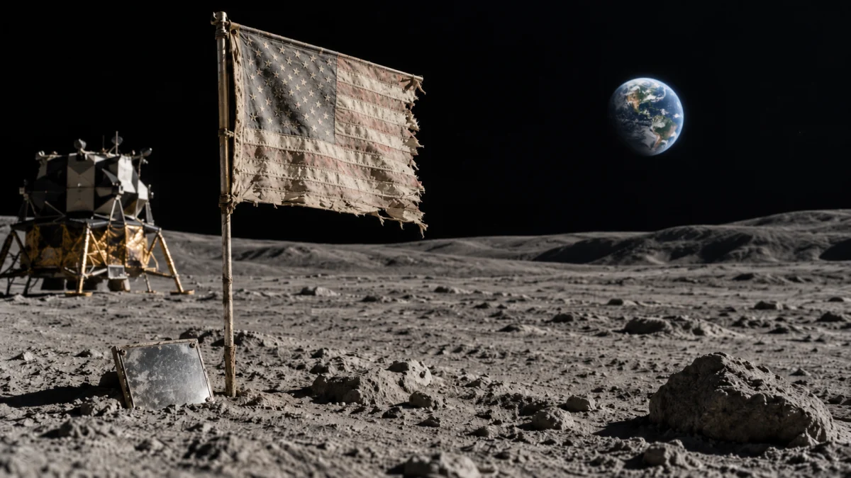 A tattered American flag stands on the lunar surface near a Moon lander, with Earth visible in the black sky.