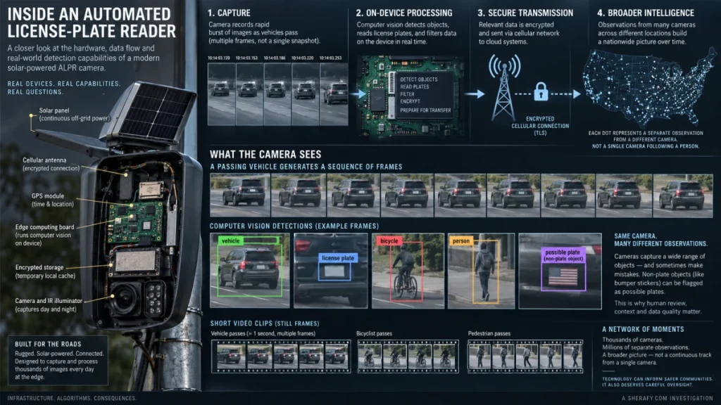 Infographic showing the hardware and data flow of an automated license-plate reader camera, including solar power, cellular transmission, on-device processing, and example detections.