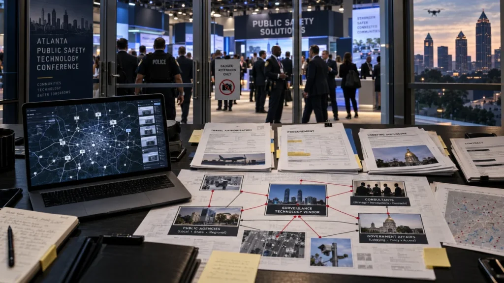 Conference booth with a laptop, paperwork, and network diagrams in the foreground, while attendees and police officers mingle inside a public safety technology event in Atlanta.