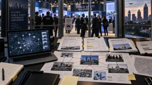 Conference booth with a laptop, paperwork, and network diagrams in the foreground, while attendees and police officers mingle inside a public safety technology event in Atlanta.