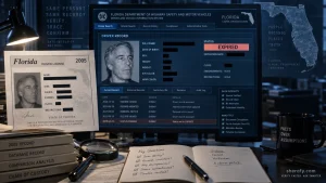 A desk scene shows a Florida driver’s license, a computer screen displaying a DMV-style record, and investigative notes and evidence materials.