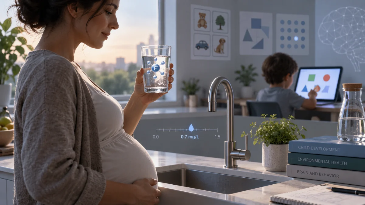 Pregnant woman holding a glass of water in a modern kitchen, with a child doing a learning activity in the background and visual references to fluoride levels and child development.