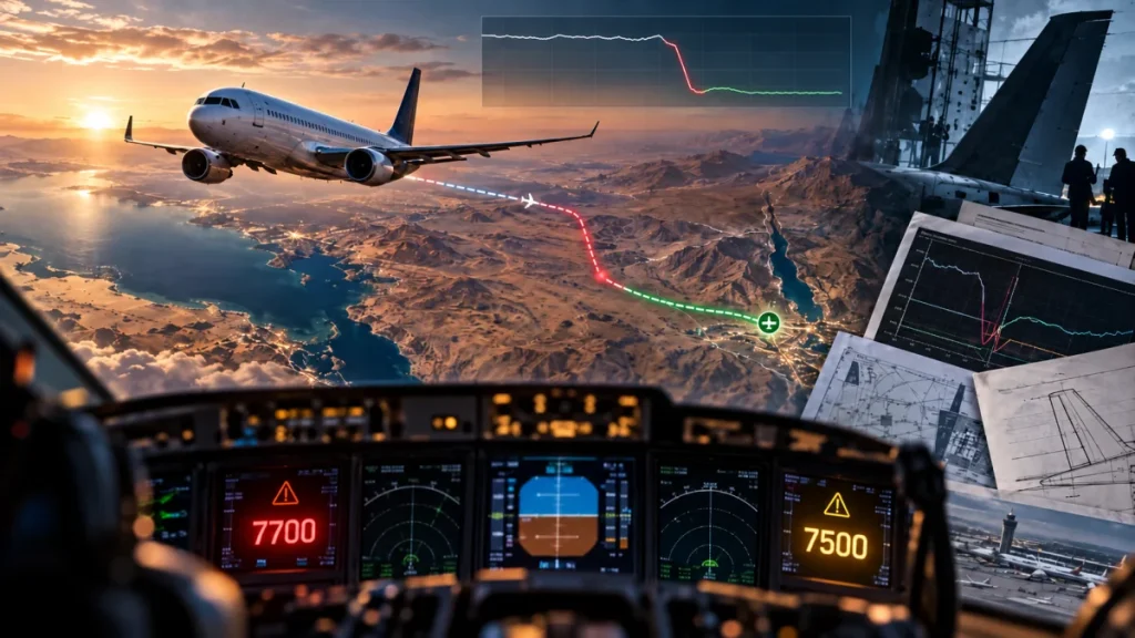 Composite aviation graphic showing an airliner, cockpit instruments, flight path data, and charts over a desert landscape at sunset.