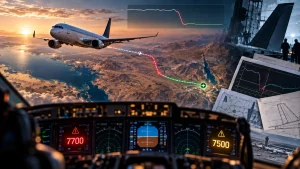 Composite aviation graphic showing an airliner, cockpit instruments, flight path data, and charts over a desert landscape at sunset.